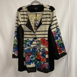 Kriss Sweden Floral Stained Glass Cardigan Duster Jacket Black Large NWT
